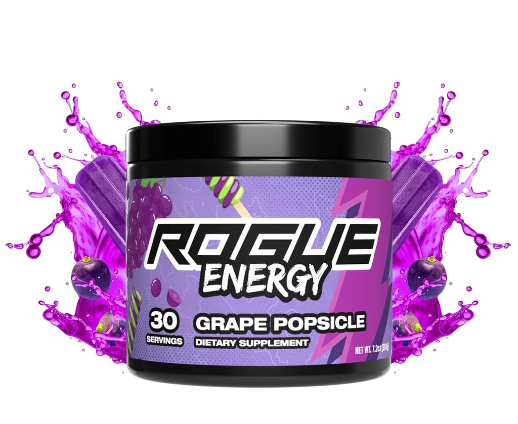 Rogue Energy Drink Powder per lunghe ore di gioco - Polvere di energia di gioco per messa a fuoco mentale - Sugar & Gluten Free - Supplemento di gioco con caffeina e vitamine - Made in USA (Grape Popsicle - 30 Serve)