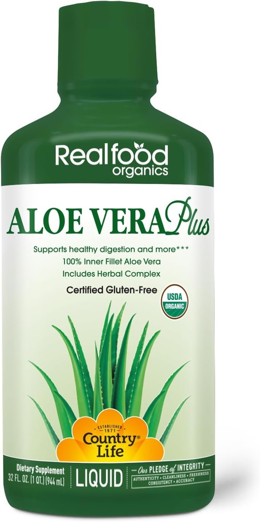 Country Life Realfood Organics Liquid Aloe Vera Plus - Supporta la salute digestiva e il sistema immunitario - con Slippery Elm, Ginger, Turmeric, Peppermint - Organic ACTIValoe, Qmatrix Process - 32 oz