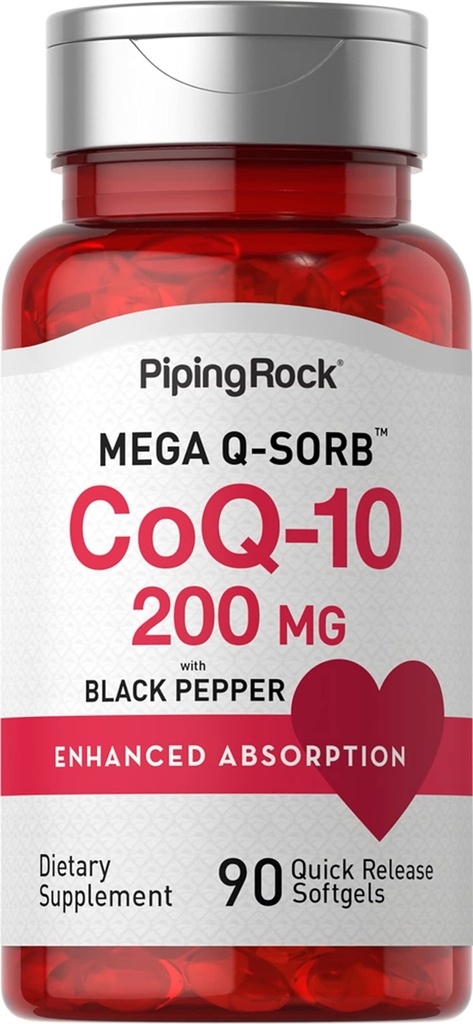 Piping Rock CoQ10 200mg Softgels | 90 Count | Supplemento per donne e uomini | con estratto di pepe nero | Non-GMO, Gluten Free