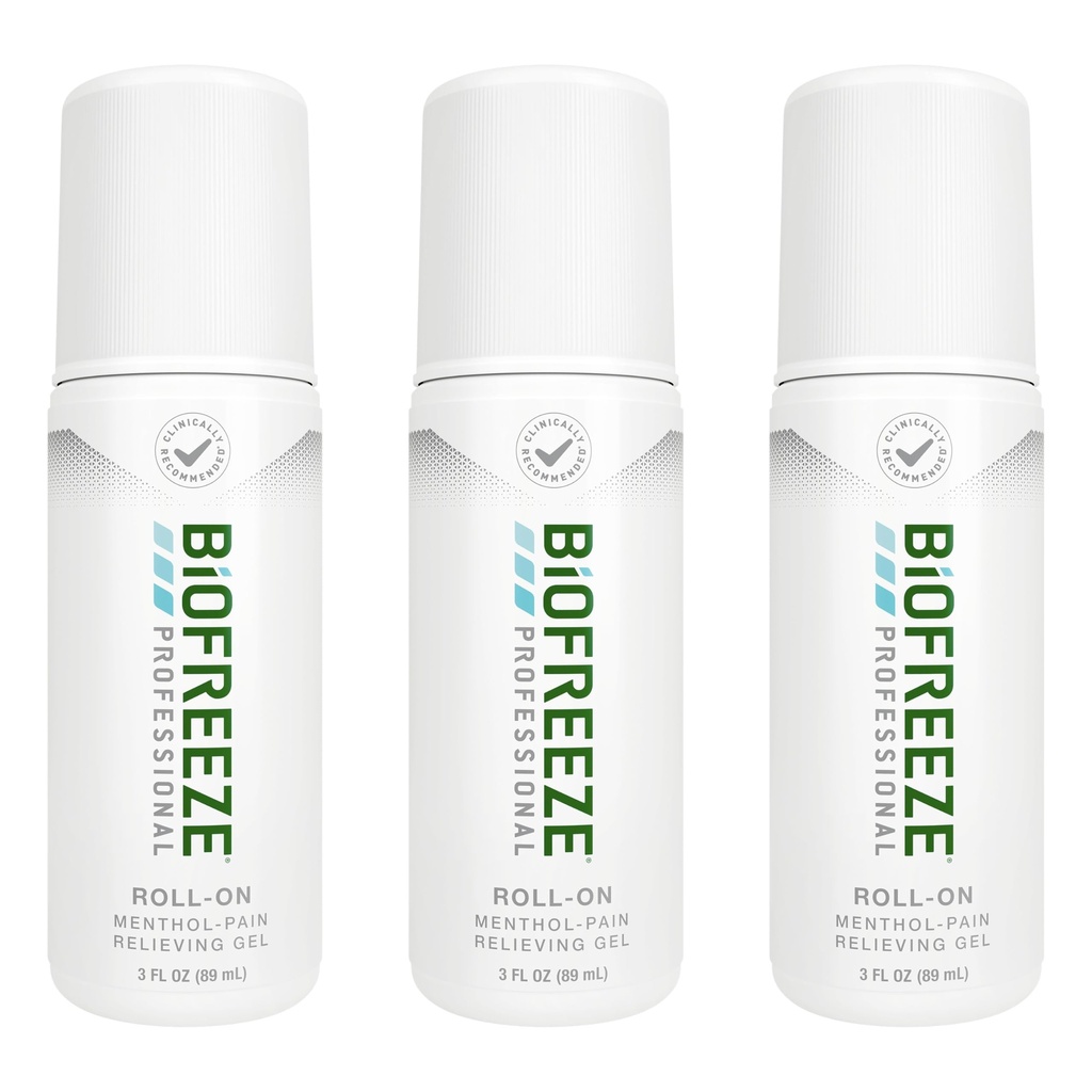 Biofreeze Professional Pain Relief Roll On per il ginocchio, Neck, Hip, Joint, & Shoulder, Semplice Backache Pain Reliever, Sore Muscolo Rilievo, Roll-On Menthol Gel 3 Fl Oz (Pack of 3)