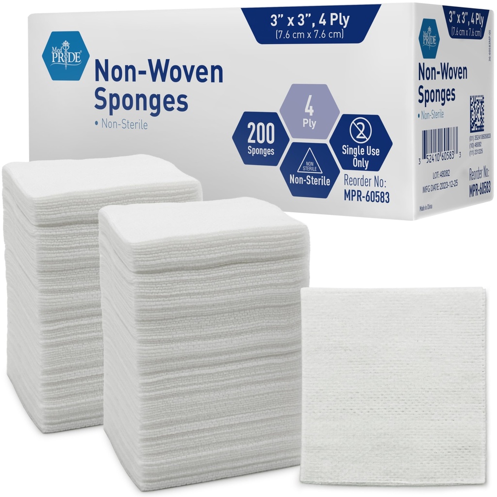 MED PRIDE 3x3 in Gauze Pads 200 Confezione, Nonsterile, 4 Ply, Bandaggi Mesh non aderenti, Absorbent Wound Care Sponges