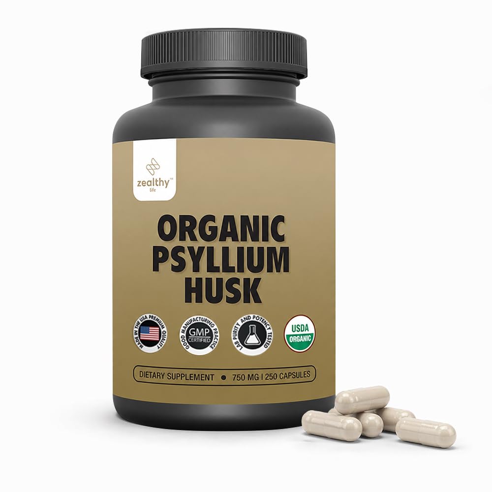 Organico Psyllium Husk Capsule 750 mg, Natural Fiber Supplement per Gut Health* - alternativa a Psyllium Husk Powder, Zealthy Life, 250 capsule
