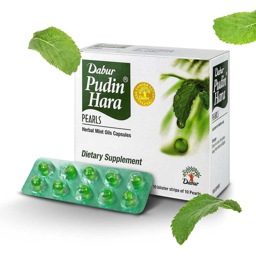 Dabur Pudin Hara Pearls - Supplementi quotidiani di cura per gli uomini e le donne, aiuta i sintomi di abbattimento di Bloating, acidità, flatulenza e indigestione per la salute digestiva e di fegato, 100 conteggio (Pack of 10)