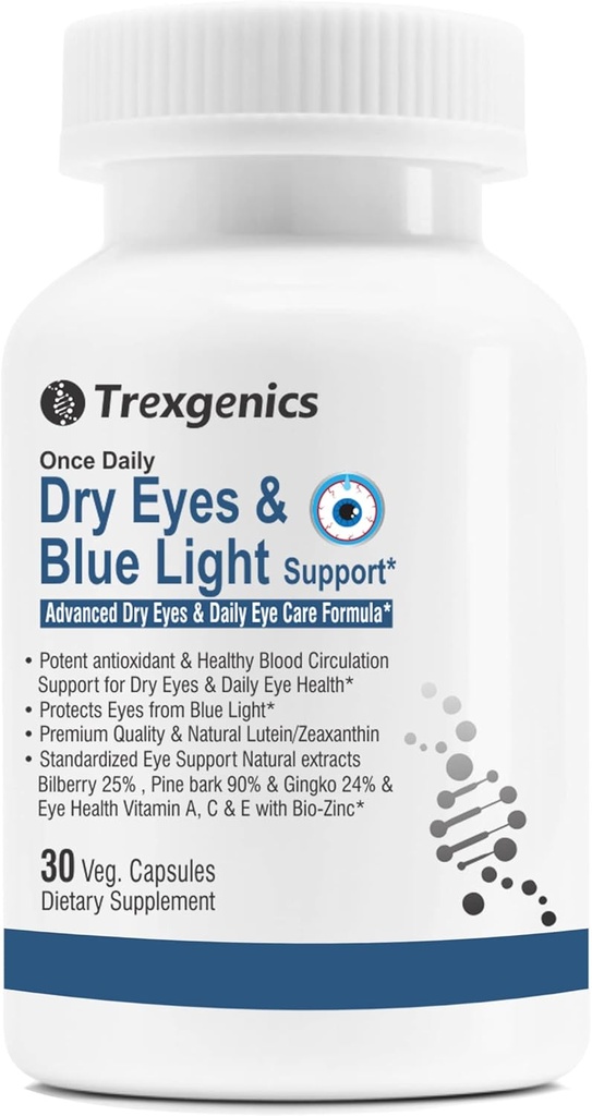 Trexgenics Dry Eyes & Blue Light Support Una volta Daily Vegetarian Formula con Lutein 10mg, Zeaxanthin 2mg, Bilberry, Ginkgo, Pine Bark, Vitamina C, Zinc & Vitamina A (30 capsule di Veg)