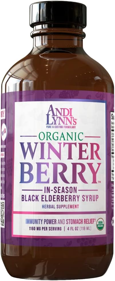 Andi Lynn's Winterberry Black Elderberry Syrup - Comprende Black Elderberries, Cinnamon, Ginger, Honey & Lemon - Supporto immunitario per tutta la famiglia - Organic & Great Tasting Syrup 4oz