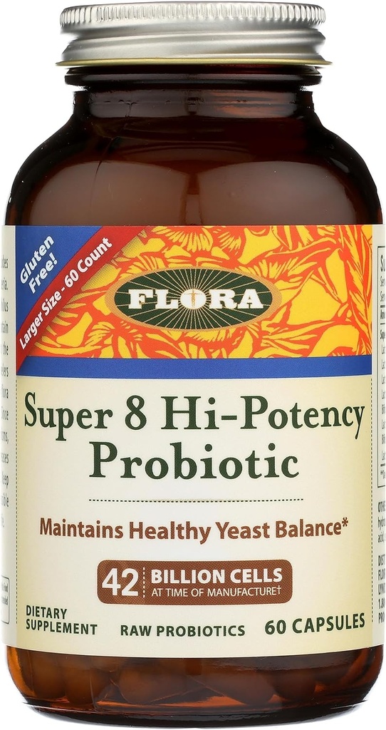 Flora - Super 8 Hi Potency Probiotics 60 Count - Healthy Yeast Balance & Digestive Health - per uomini e donne - 42 miliardi di CFU, crudo, senza glutine - Fino a 2 mesi di fornitura