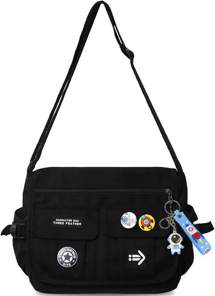 Borsa a tracolla di moda con gli accessori carino Nylon Casual Messenger Bag con Pendant Lightweight Handbag Travel Daypacks (nero)