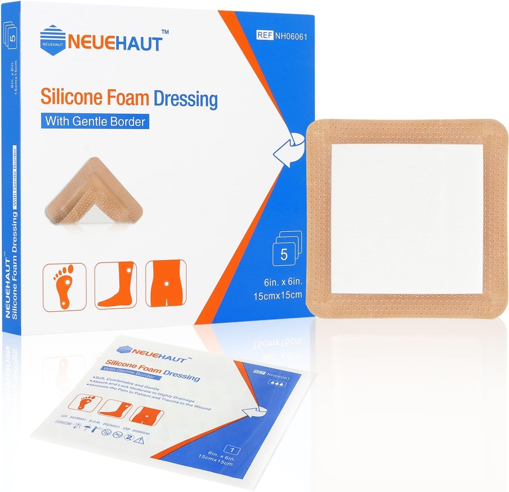 Foam in silicone con bordo adesivo delicato 6''x6'''''''''', letto Sore Pressure Ulcer Leg Ulcer Silicone Wound Bandage, Alta assorbenza Impermeabile, 5 Pack di NeueHaut