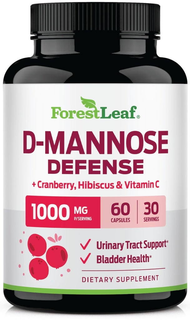 ForestLeaf D Mannose 1000mg Capsule - D-Mannose con Mirtillo, Hibiscus & VIT C, Tratto urinario Salute per le donne e gli uomini, Pillole di DMannose organiche per UTI, Urinary Health & Bladder Support 60 Capsule