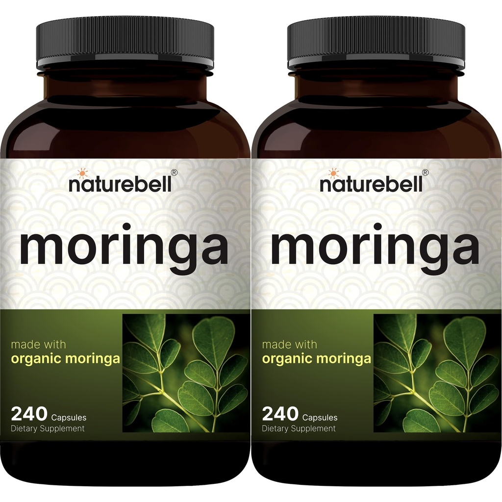 NatureBell Pure Moringa Capsule 8.000mg Per Serving (2 Pack) | Realizzati con Moringa Powder Organic, 480 Capsule – Green Superfood, Skin Health, & Immune Support – Non-GMO, Gluten Free, 8 Mesi di Alimentazione