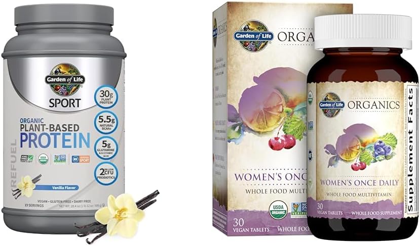 Giardino della vita Organico Vegan Sport Protein Powder & Una volta Daily Women's Multi - Probiotics, BCAAs, Antiossidanti, 30g Proteine vegetali, Vitamine A C D3 K B6 B12, Non OGM