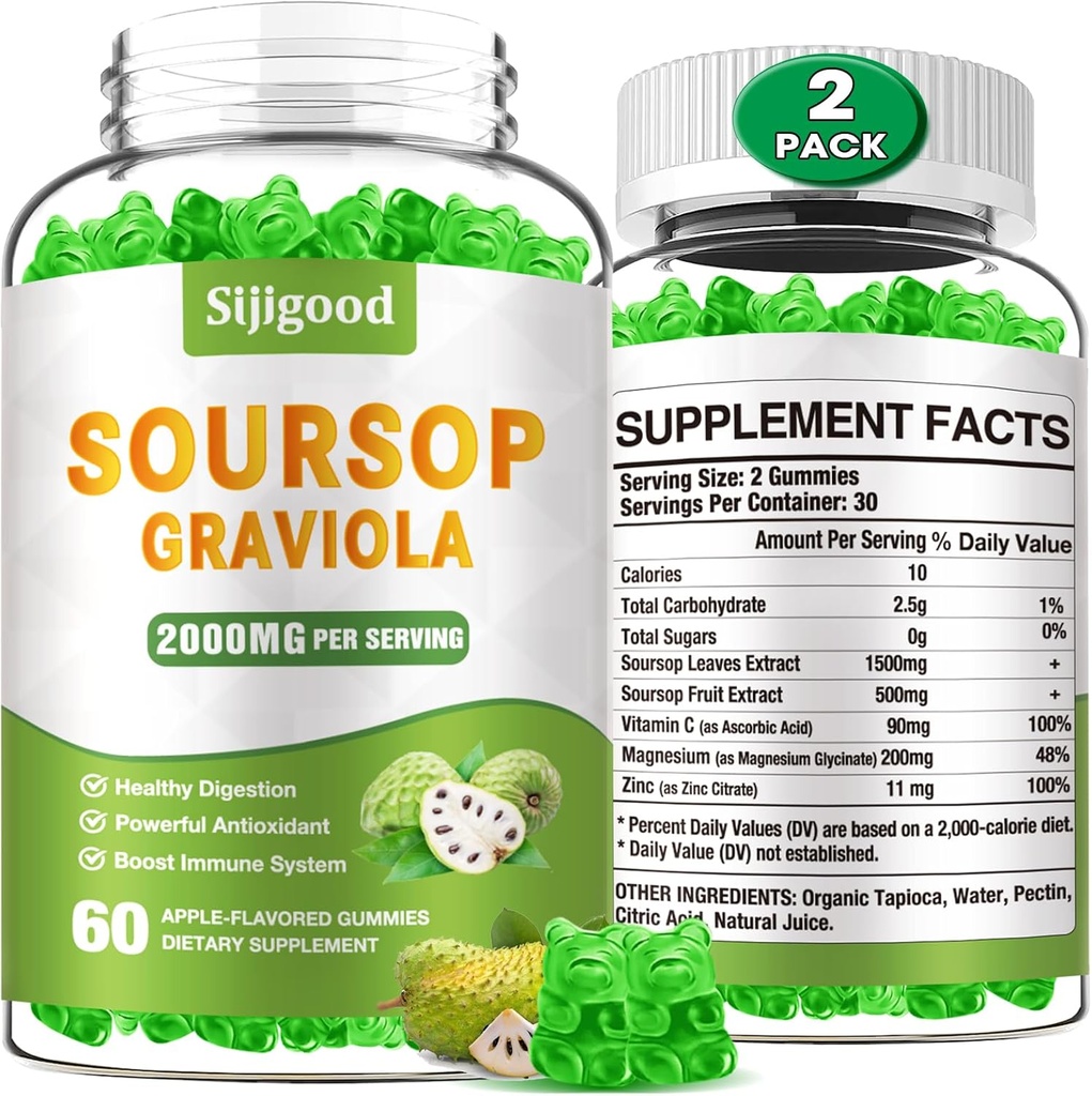 2 Pack Soursop Graviola Gummies - Organic Soursop Leaves & Fruit Extract - Digestive Aid, Immune Support & Antioxidant Properties - 120 Apple Gummies aromatizzati