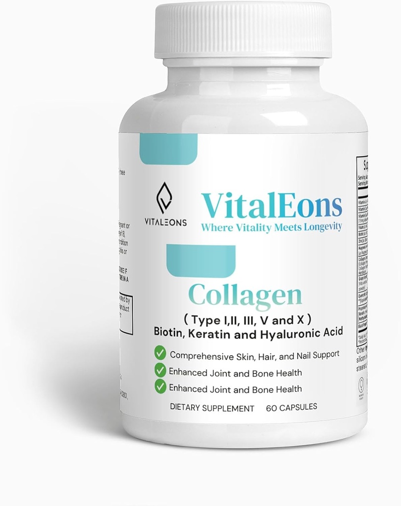 Collage Capelli, Pelle e Integratore Unghie per Donne - Tipo I, II, III, V, X, Capsule Collagene Migliorate con Biotina, Keratina e Acido Ialuronico - Pelle Comprensiva, Supporto per Capelli e Unghie