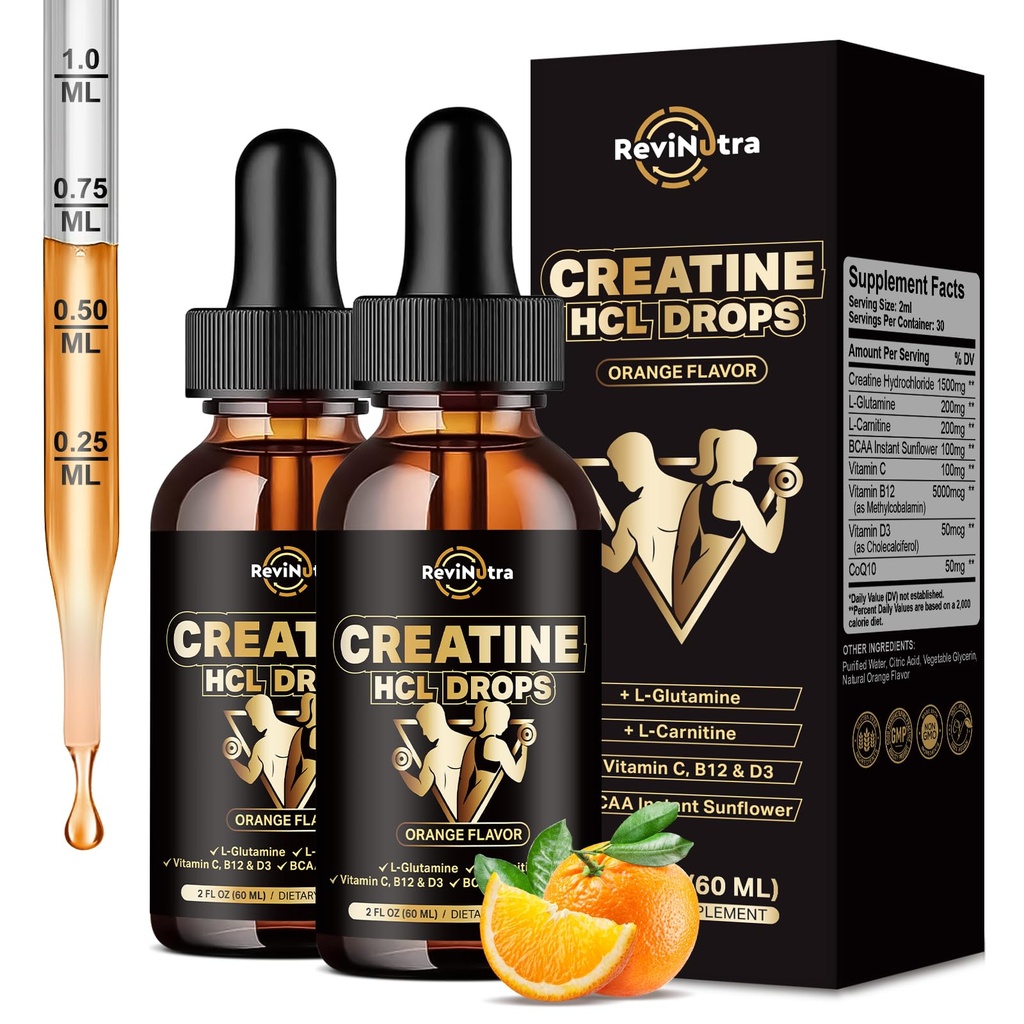 2 confezione gocce di liquido HCL di creatina HCL per uomini e donne, cloridrato di creatina liquida 1500mg, ad alto assorbimento, 2 Fl Oz, aroma arancione senza zucchero