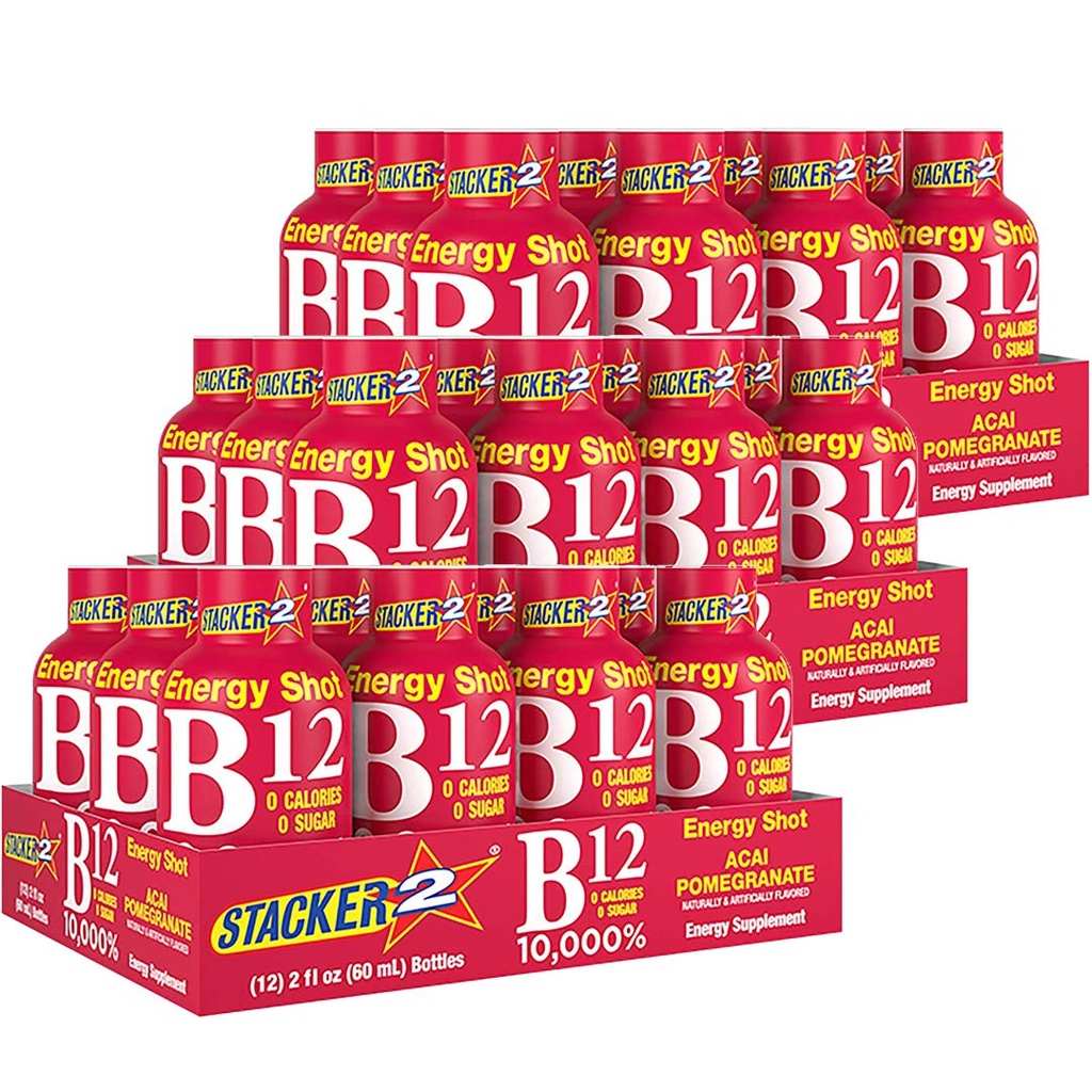 Stacker 2 Vitamina B Complex B12 B6 B3 Liquid Energy Shots - Acai & Pomegranate - Cyanocobalamin, 10.000% DRV - B-6 Pyridoxine 40mg - B3 Niacinamide (Niacina) 20mg - BASED BOX Bundle (2oz, Confezione di 36)