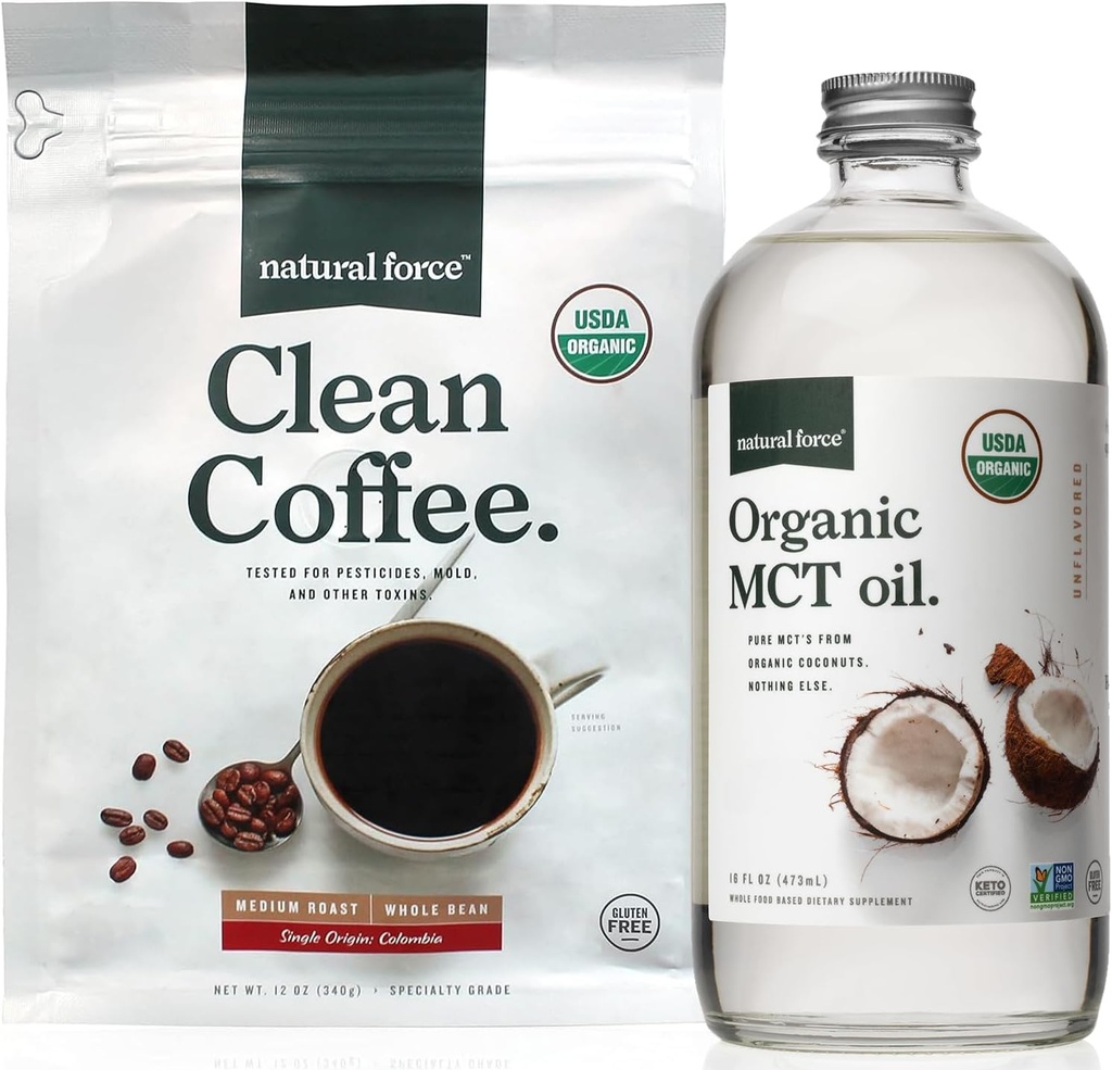 Natural Force Organic Clean Coffee + Organic MCT olio Bundle – 100% Pure Coconut MCTs & Mold & Mycotoxin Caffè gratuito – Non-GMO, Keto, Paleo e Vegan - 12 Oz Bag e bottiglia di vetro 16 Oz