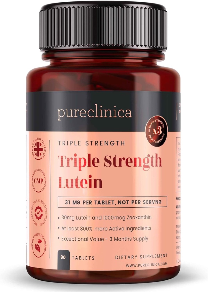 Pureclinica Lutein 30mg con Zeaxanthin 1000mcg – Supplemento Triple Strength, 90 compresse (3-Month Supply)