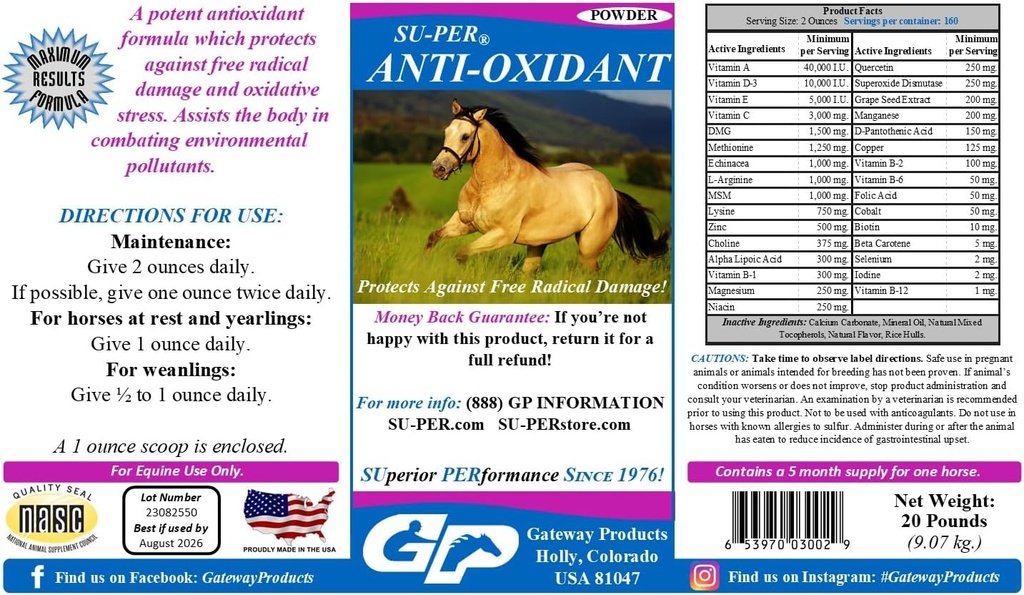 SU-PER Antiossidante Supplemento per Cavalli - Vitamine Equine & Supporto Antiossidante Essenziale - Combatte gli inquinanti ambientali & Stress ossidativo - 20 Pounds, alimentazione di 5 mesi