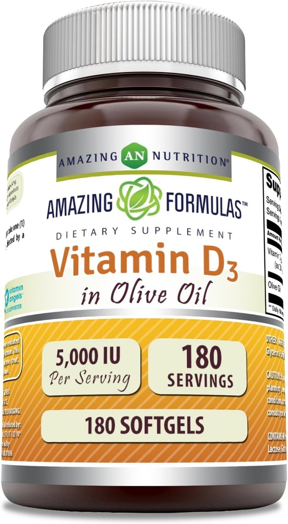Stupefacente formula vitamina D3 con olio d'oliva 5000 IU Softgels Supplemento | Non OGM | Gluten Free | Made in USA (180 Count)