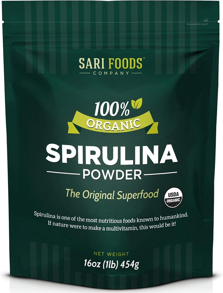 Polvere di Spirulina Organica (16 oncia): Naturalmente Vegan, Forniture Folate, Vitamina B12, Ferro, acidi grassi Omega, GLA, Beta Carotene, Clorofilla, Aminoacidi