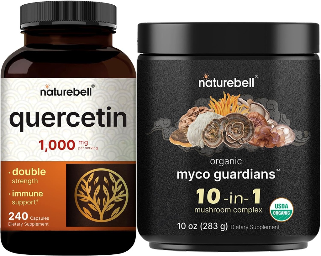 NatureBell Quercetin 1000mg Per Serving & 10 in 1 Mushroom Powder, 10oz Bundle Pack | Ultra Strength Quercetin Supplement | Booster Immune & Brain Health Support