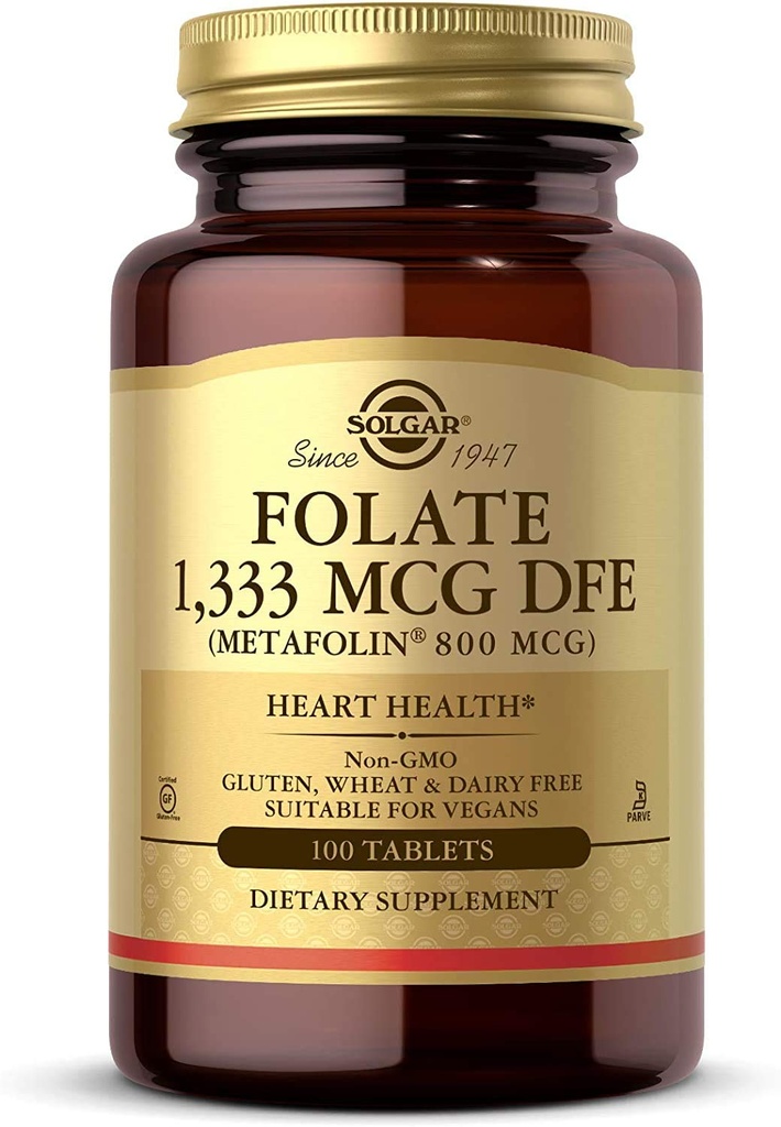 Solgar Folate 1,333 mcg DFE, 100 compresse - 800 mcg Bio-Active Metafolin - salute del cuore - Non OGM, Vegan, Gluten Free, Dairy Free, Kosher - 100 Serve
