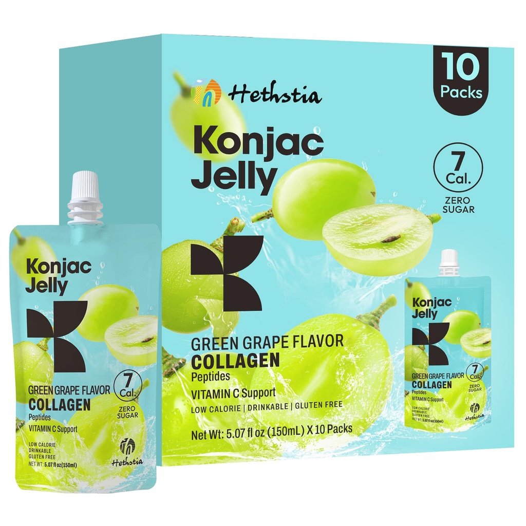 Hethstia Konjac Jelly Green Grape Flavor, 10 Pouches, Uva potabile Jelly con Peptidi di collagene, 7 Kcal, Sugar Free, Gluten Free, Keto, Vegan, On-The-Go Chewy Light Snacks
