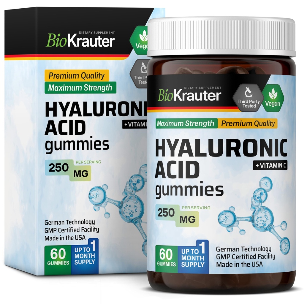 BIO KRAUTER Acido Ialuronico Gummies w/Vitamina C - 250 mg - 60 Vegan Chews - Integratori di acido ialuronico - Pectin-Based