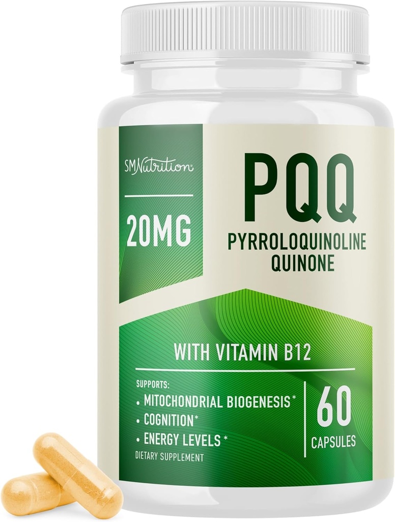 PQQ Supplement 20mg | Mitochondrial Biogenesis & Energy Optimizer Con CoQ10 & Vitamina B12 | Supporta la salute del cervello & Mitochondria Produzione | Ultra PQQ Formula | Vegan, Gluten-Free | 60 capsule