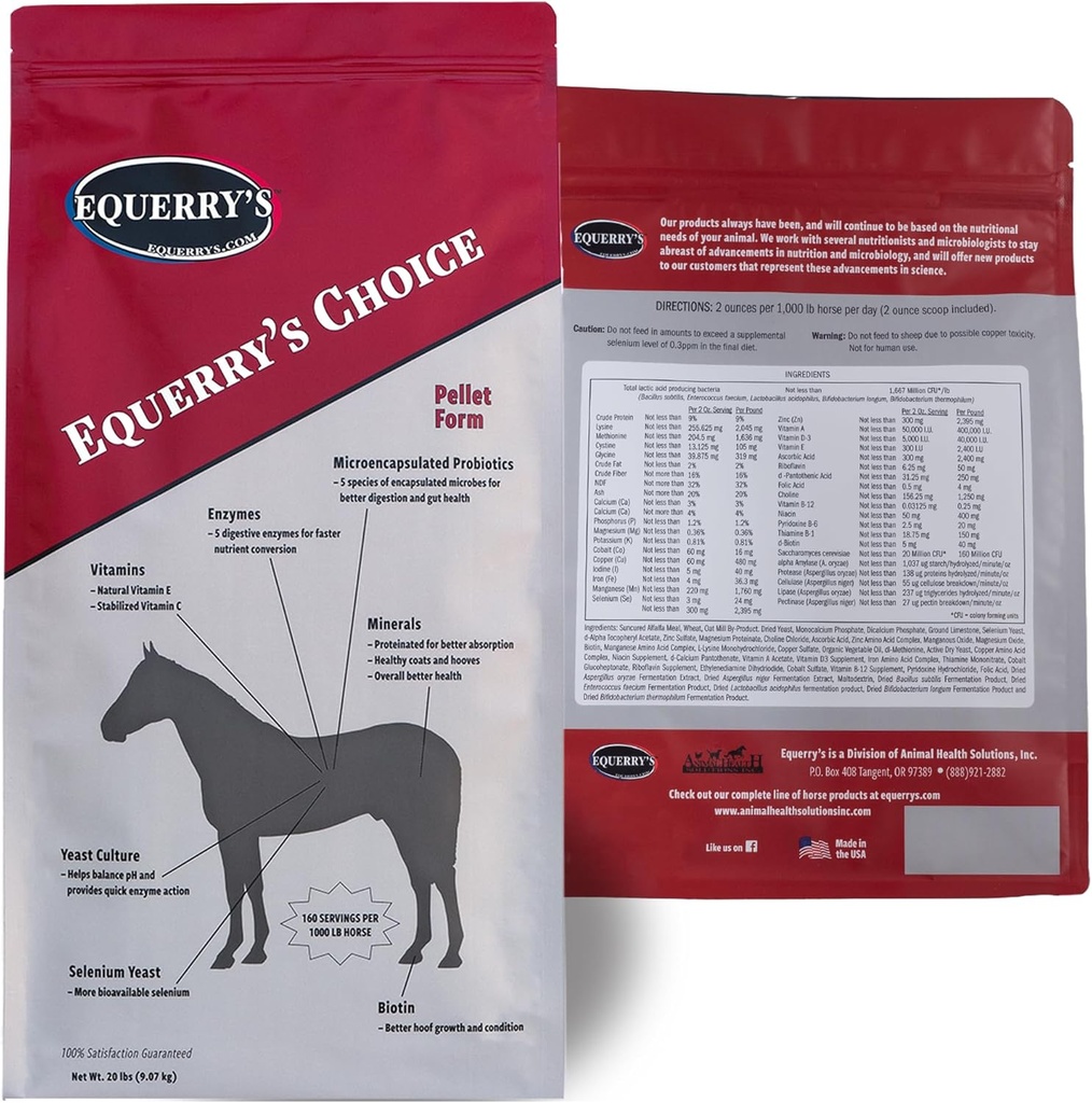 Pellets a scelta di Equerry - Supplemento nutrizionale completo | Enzimi digestivi | Vitamine e minerali chelati | Integratori di cavalli | 20 lb