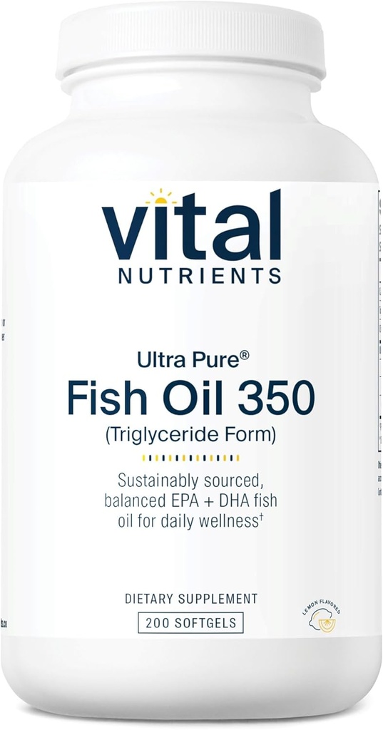Vital Nutrients Ultra Pure® Fish Oil 350 | Supporta il cuore, il cervello e la salute immunitaria* | Sustainably Sourced EPA & DHA Omega-3 Fatty Acid | Lemon Flavor | Gluten, Dairy, Soy Free | 200 Softgels