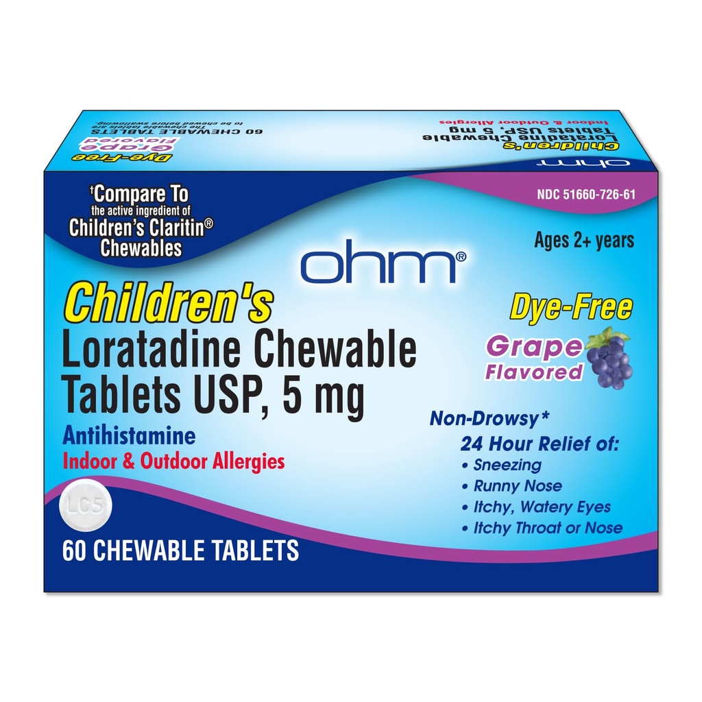 Ohm Tavoli per bambini Loratadine Chewable, Dye Free, Uva, Non-Drowsy 24h Rilievo di Sneezing, Runny Nose, Itchy Occhi Watery,Throat o Nose, Antihistamine, Allergie Indoor & Outdoor, 5mg, 60 Tablet