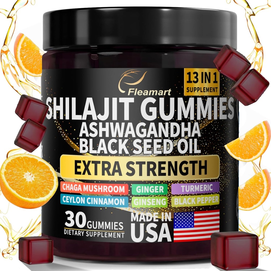 Shilajit Gummies, Shilajit puro Himalayan Gummies con Ashwagandha, olio di semi neri, zucchero libero Shilajit Gummies per gli uomini e le donne, 30 conte, aroma arancione