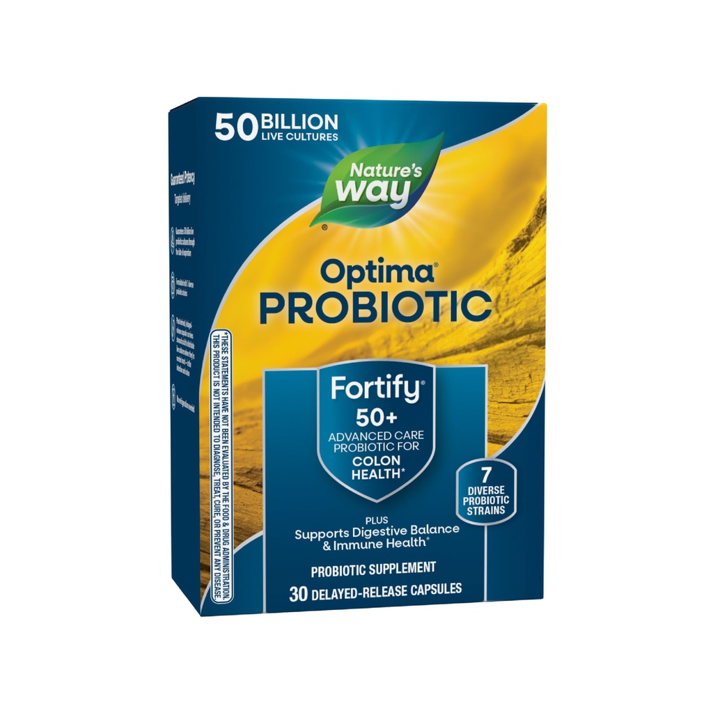 Via Natura Fortificare Optima Probiotico per Adulti 50+, 50 miliardi di culture dal vivo, Supporta l'equilibrio digestivo, Colon & Immune Salute*, Nessuna Refrigerazione necessaria, 30 capsule (Packaging May Vary)