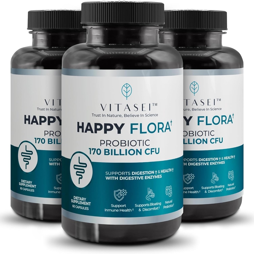 VITASEI Happy Flora, Integratore Probiotico 170 miliardi di CFU per una Salute Gut con enzimi per Digestione, probiotici per Donne e Uomini, 3 Bottiglia - 180 capsule