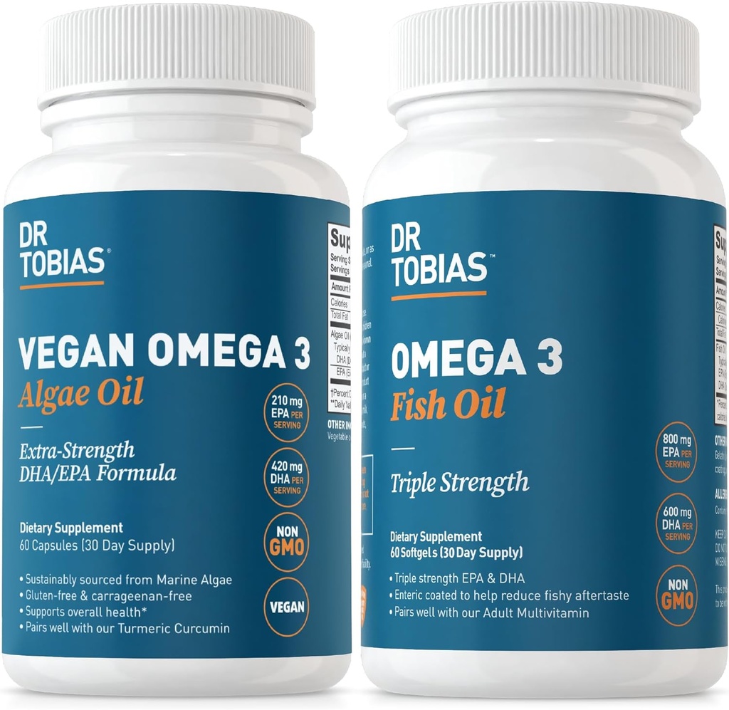 Dr. Tobias Vegan Omega 3 Algae olio e Omega 3 Fish Oil, 2 opzioni per il supporto acido grasso completo, non OGM