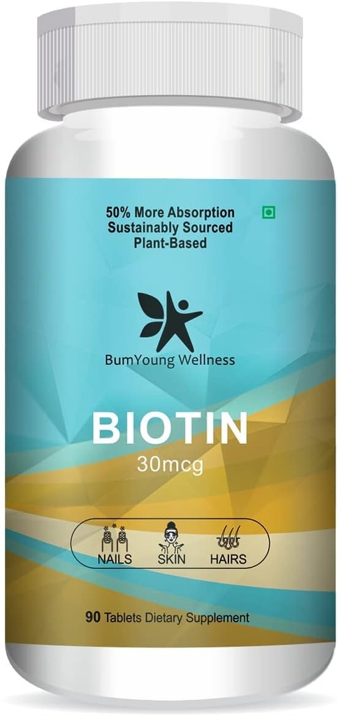 Goldy Biotin 30mcg, Supplemento per la crescita dei capelli, capelli forti e pelle luminosa, combatte la fragilità delle unghie 90 compresse