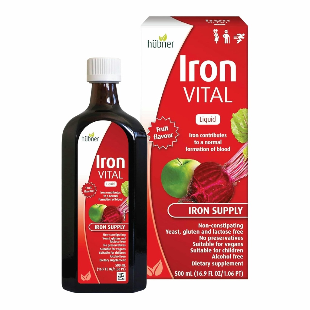 Hübner Hubner ferro vitale ferro da stiro alimentazione più vitamina C, supplemento dietetico per adulti e bambini, Vegan e senza glutine, aroma di frutta, bottiglia da 500 ml, 50 porzioni