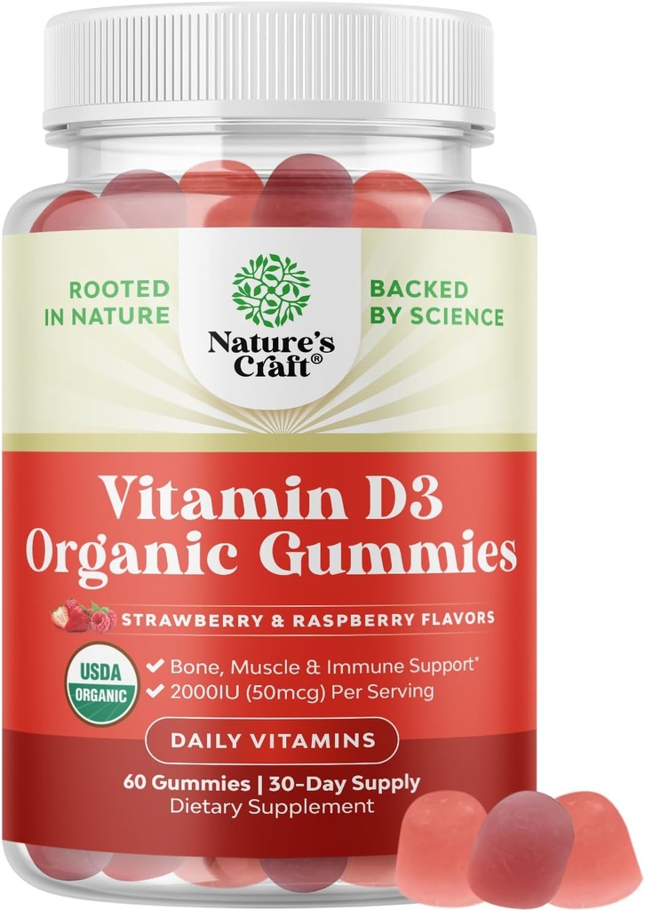 Vitamina organica D3 Gummies per le donne e gli uomini - Vitamina D Gummies 2000IU per Serving per la salute di ossa, muscoli e supporto immunitario - Supplemento non OGM per gli adulti - Gelatin & Gluten Free - 60 Gums