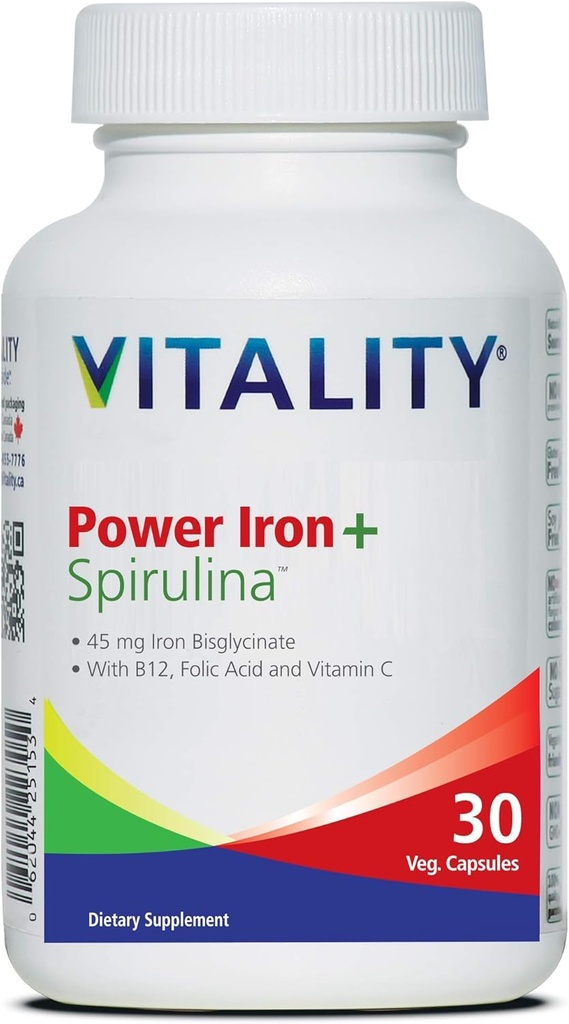 Vitality Power Iron + Spirulina | 45mg Iron | Blood Builder | Iron Deficiency Support | Vegan | Tutto Natural Supplement | Gentle on Stomach | 30 Capsule
