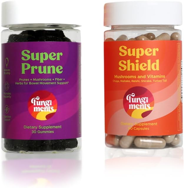 Fungiments Integratori di funghi, Digestione / Immunità Bundle, Super Prune 30 Conte Gummies + Super Shield 60 Conta capsule