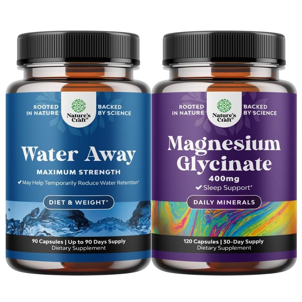 Bundle of Water Away Pills Massima resistenza - Pillole diuretiche di erbe per la conservazione dell'acqua per l'azione rapida Bloating Relief e Pure Magnesium Glycina 400mg Per il servizio per il sonno dell'umore e relax
