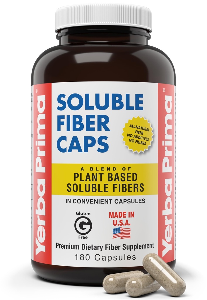 Yerba Prima Soluble Fiber Formula Capsules, 180 Count - Premium Dietary Fiber Supplement, Fibra Solubile Naturale, Concentrato, Senza Glutine, Non OGM, Made in Italy