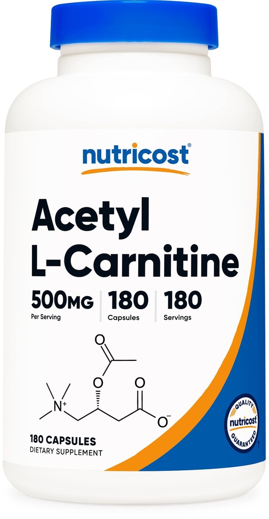 Nutricost Acetyl L-Carnitina (ALCAR) 500mg, 180 Capsule, 180 Serve - Non OGM e Gluten Free, 1 Capsule per Serve