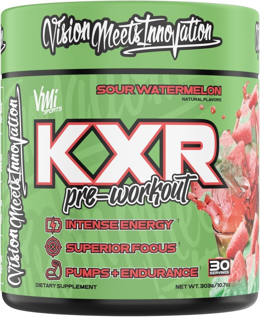 KXR Pre-Workout Energy Powder | Bevanda pre-allenamento intensa per uomini e donne| Creatina Free | Migliora le prestazioni - Maggiore messa a fuoco e maggiore resistenza | 30 Serve (Sour Watermelon)