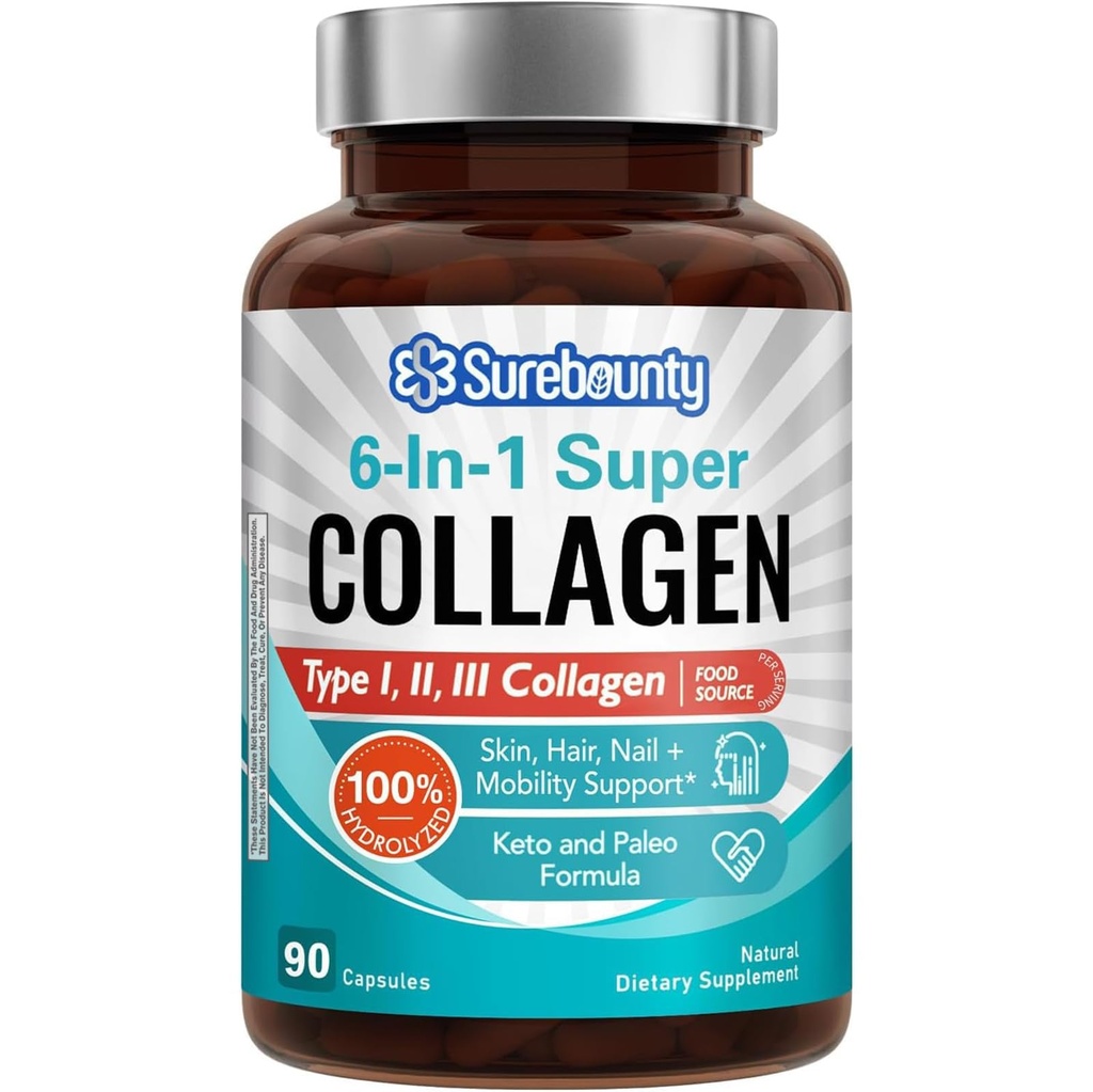 Multi Collagen Complex, tipo I, II, III, 6-in-1 Super Collagen con vitamina C, acido ialuronico, biotina, curcuma, pepe nero, Keto, 90 capsule