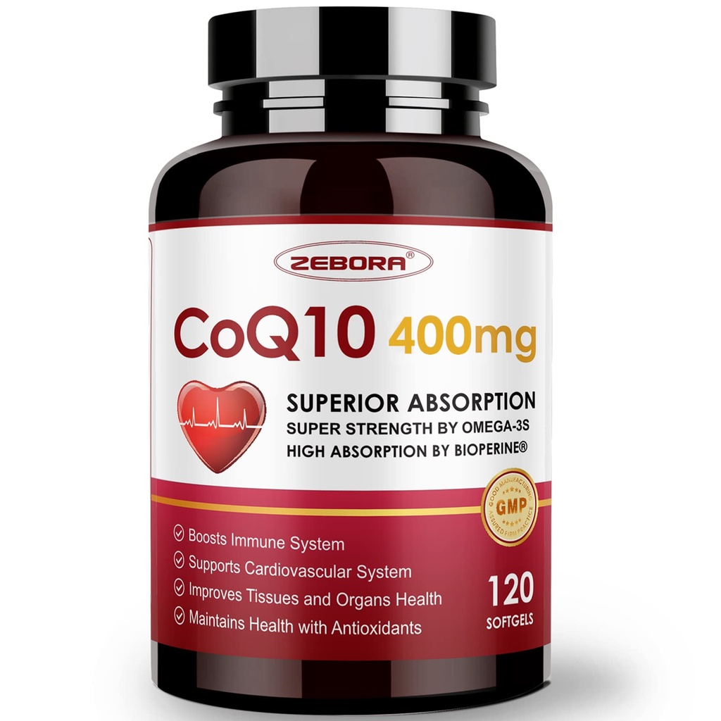 ZEBORA CoQ10-400mg-Softgels con PQQ, BioPerine & Omega-3, Coenzyme Q10(Ubiquinone) Supplemento per alto assorbimento, potente antiossidante, cuore di sostegno & Energy-Produzione, 120 Servings