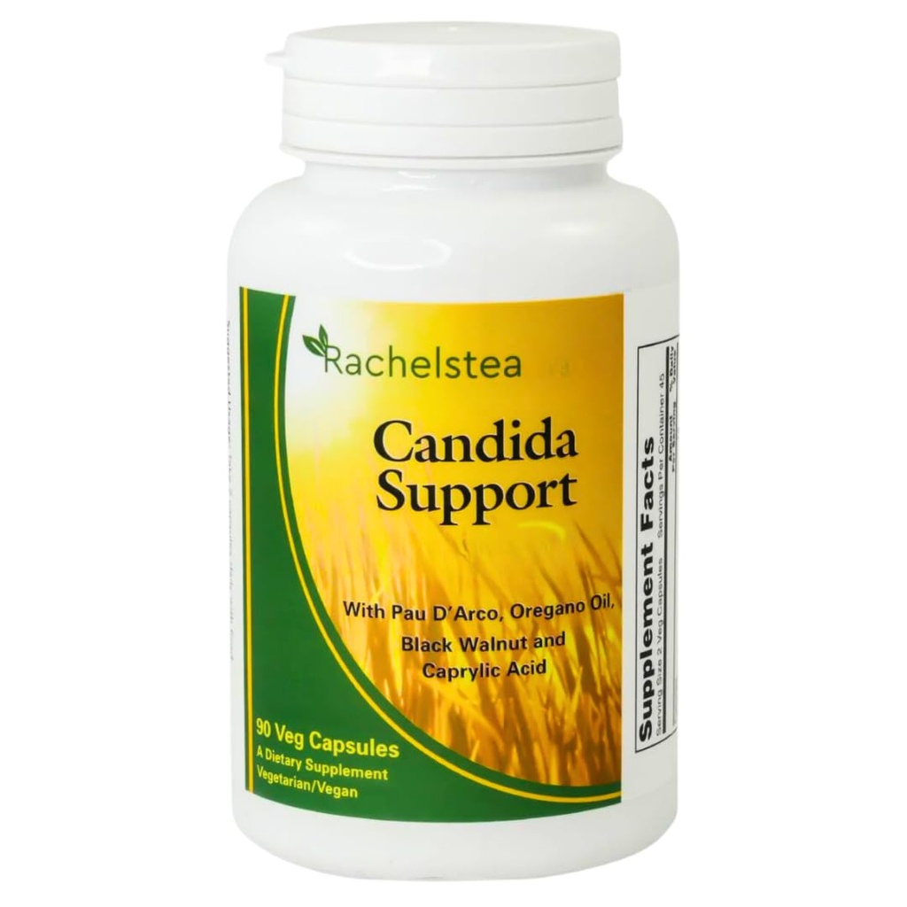 Rachelstea Candida Supporto, Flora Intestinale, con PAU D'Arco, Olio d'Origano, Noce Nera e Acido Caprylico, 90 capsule di Veg, Un supplemento vegetariano / vegano alimentare