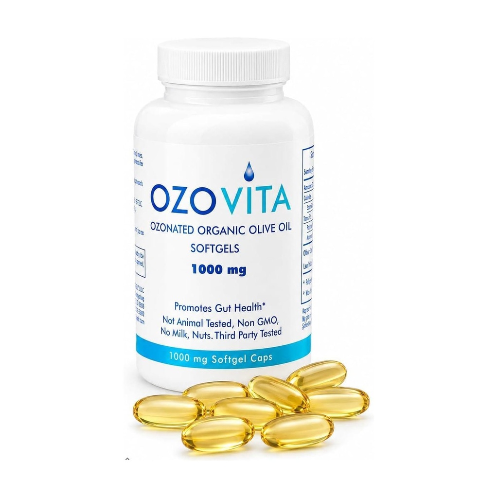 Olio Extra Vergine di Oliva Organico Ozonato ad alta potenza Softgels 1000mg | Capsule Ossigenati Puri per Supporto Immune & Gut Health | Integratore Infuso di Ossigeno Organico | 60 Softgels