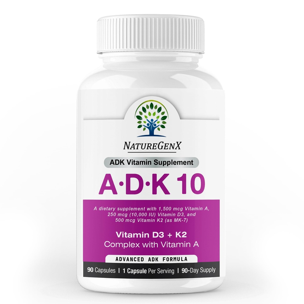 ADK10 – ADK Vitamin Supplemento | Vitamine ad alta potenza A, D3 (10.000 UI) & K2 MK-7 per Bone, Cuore e Salute Immune | 90 capsule minuscole | Alimentazione 3 Mesi | Non OGM, Gluten Free
